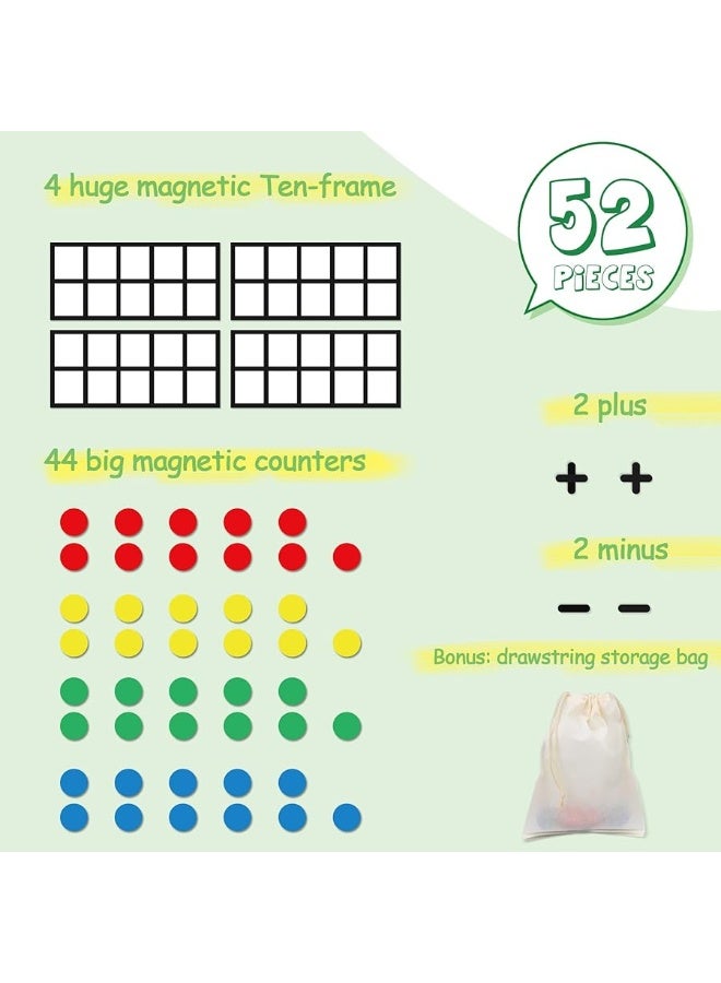 Big Magnetic Ten Frame Set, Opret 52 Pieces Math Manipulatives for Elementary, Kindergarten Classroom Must Haves Math Games with Storage Bag, Ages 5+, 4 Frames, 44 Counters, 2 Plus and 2 Minus