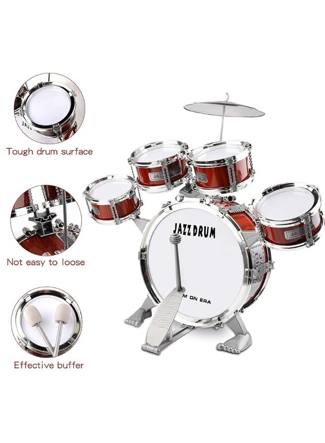M SANMERSEN Toddler Drum Kit Kids Toy Jazz Drum Set 5 Drums with Stool Mini Band Rock Set Musical Instruments Toy Birthday Gift for Beginners Boys Girls, Red