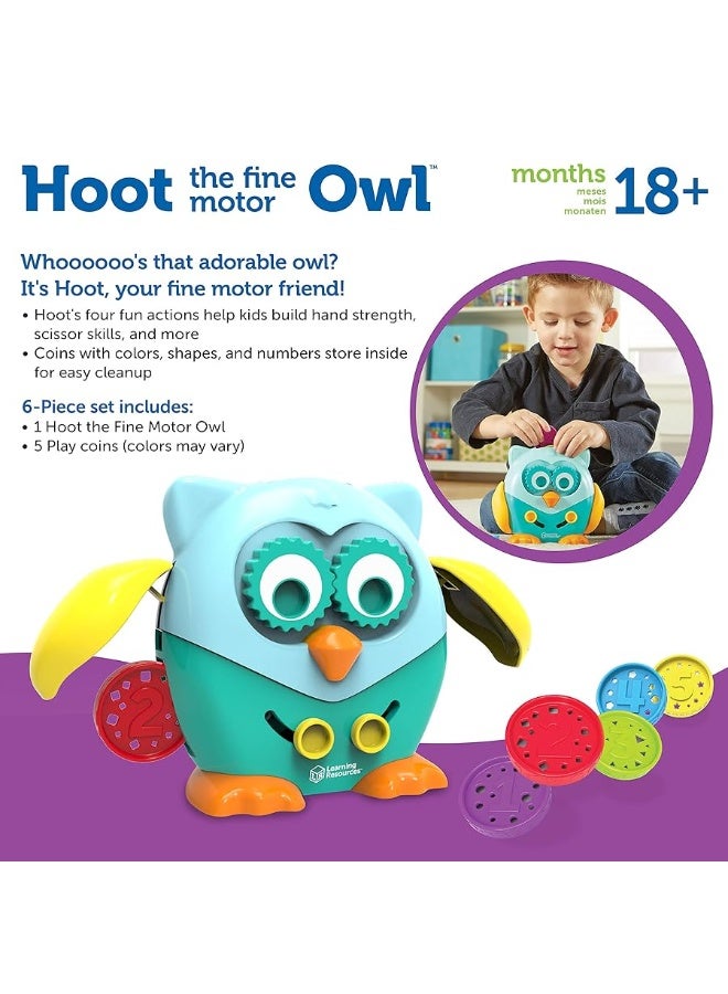 Learning Resources Hoot the Fine Motor Owl, Color, Shapes and Number Development, 6 Pieces, Ages 18 Months +