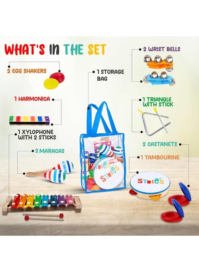 STOIE'S 15 pcs Kids Musical Instruments Set Toddler Musical Instruments for Kids Music Toys Wooden Baby Instruments for Kids Ages 3-5 Montessori Toys