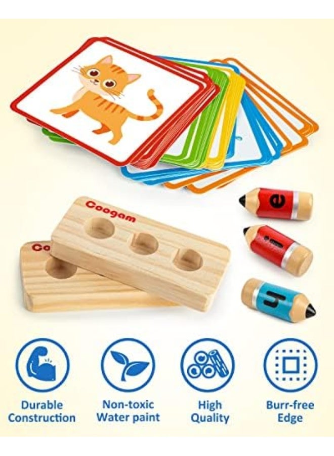 Coogam Wooden Short Vowel Spelling Games, Learn to Spell CVC Sight Words Educational Flashcards Fine Motor Montessori Alphabet Toy Gift for Kids 3 4 5 Years Old