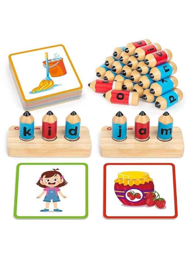 Coogam Wooden Short Vowel Spelling Games, Learn to Spell CVC Sight Words Educational Flashcards Fine Motor Montessori Alphabet Toy Gift for Kids 3 4 5 Years Old