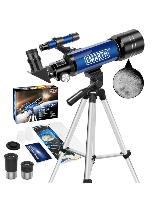 Telescope, 70MM Aperture Kids Telescope with 2 Eyepieces, 360MM Refractor Portable Telescope for Kids with Tripod & Finder Scope, STEM Toys Astronomy Gifts for Children Blue