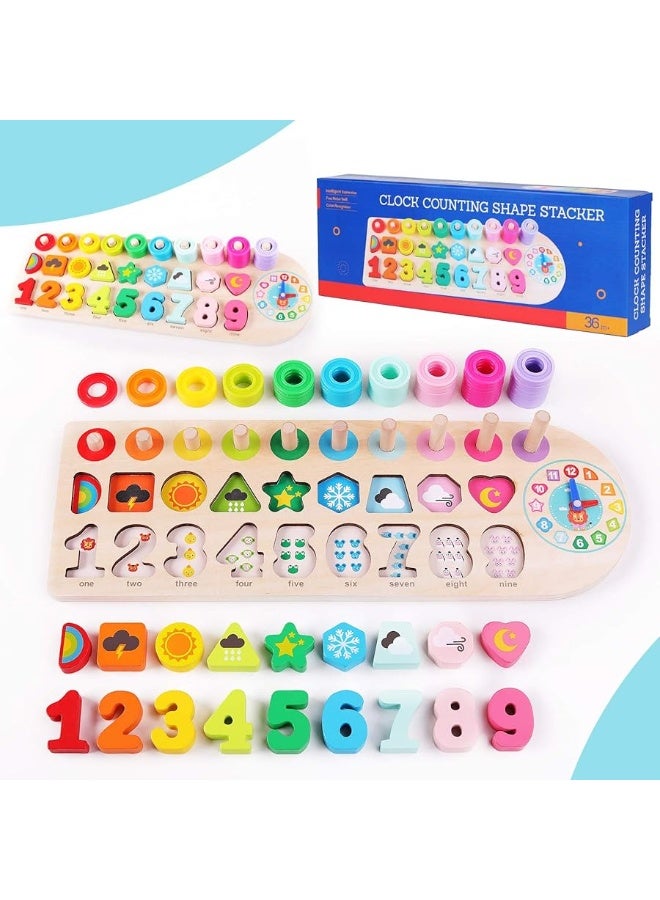 QZMTOY Wooden Number Puzzle for Toddler Activities with Clock,Montessori Toys for 3 Year Old,Shape Sorting Counting Stacking Game for Age 3 4 5 Year olds Kids,Math Learning Toys for Toddlers