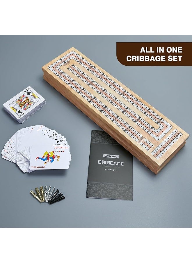 Magnetic Cribbage Board 15'' Wooden Folding 3 Track Game Set, w/Instruction, Storage Slots for 2 Playing Cards/Pegs, Card Games for Travel Family Night