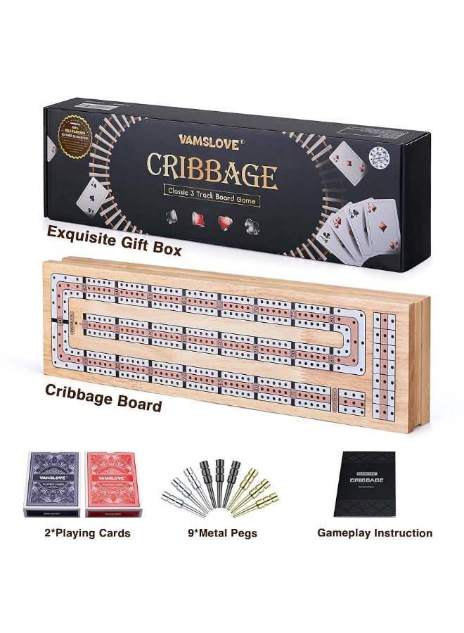 Magnetic Cribbage Board 15'' Wooden Folding 3 Track Game Set, w/Instruction, Storage Slots for 2 Playing Cards/Pegs, Card Games for Travel Family Night