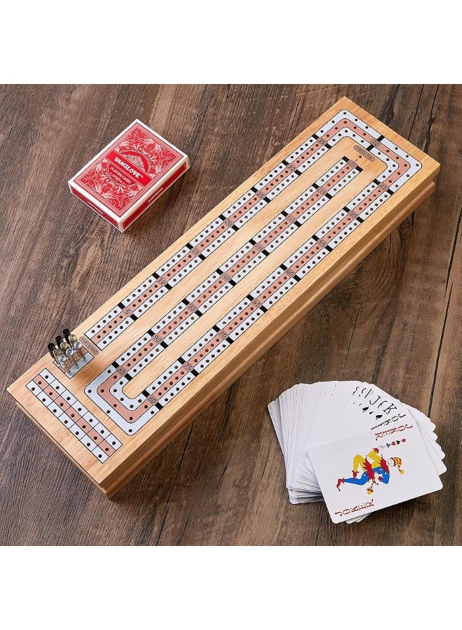 Magnetic Cribbage Board 15'' Wooden Folding 3 Track Game Set, w/Instruction, Storage Slots for 2 Playing Cards/Pegs, Card Games for Travel Family Night