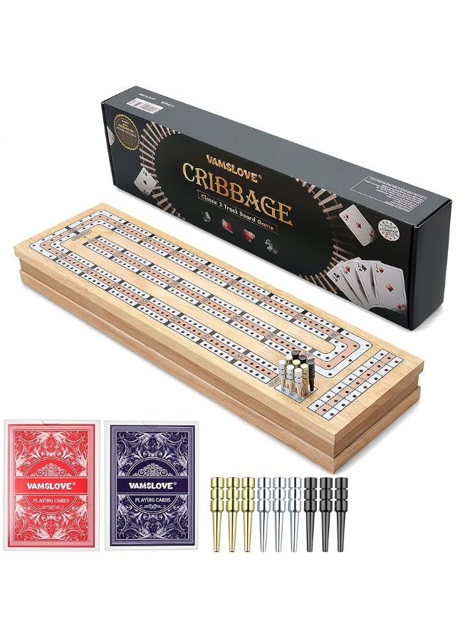 Magnetic Cribbage Board 15'' Wooden Folding 3 Track Game Set, w/Instruction, Storage Slots for 2 Playing Cards/Pegs, Card Games for Travel Family Night