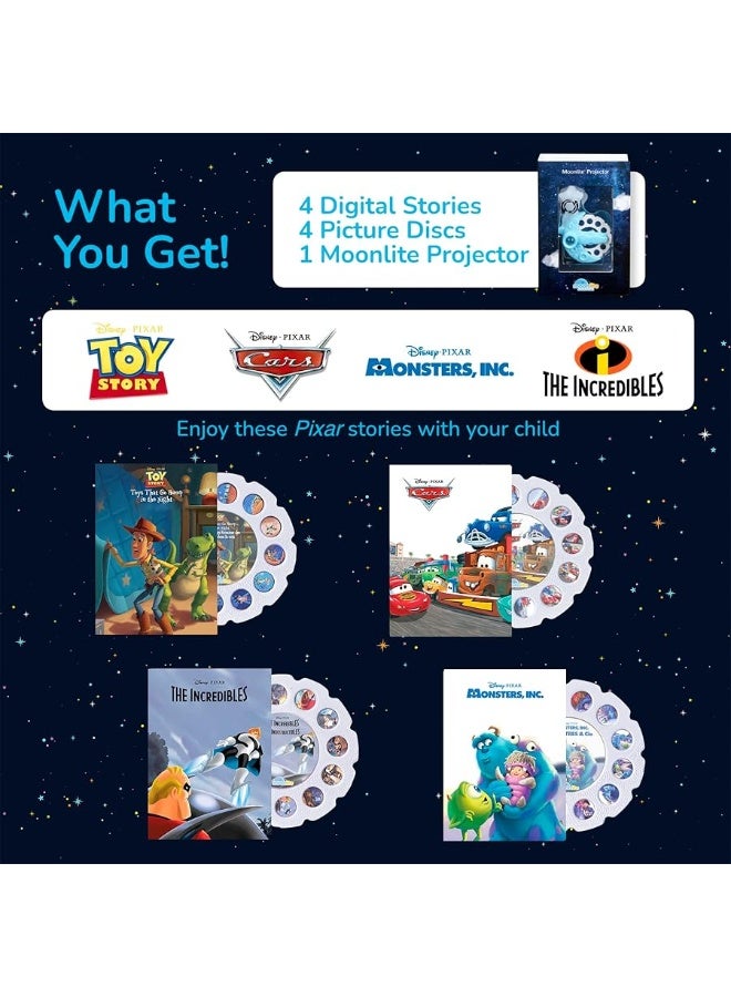 Moonlite Storytime Mini Projector with 4 Pixar Stories, A Magical Way to Read Together, Digital Storybooks, Fun Sound Effects - Toy Story, Cars, Incredibles, Monsters Inc - Gifts for Kids Age 1 and Up