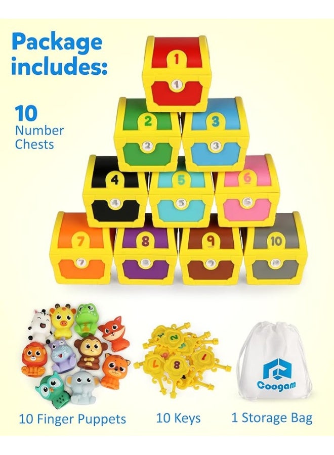 Coogam Fine Motor Skill Toys for Toddlers, 10pcs Surprise Animals Finger Puppets Treasure with Number Locks, Matching Color Sorting Pirate Hunt Game, Learning Montessori Gift for 3 4 5 Year Old
