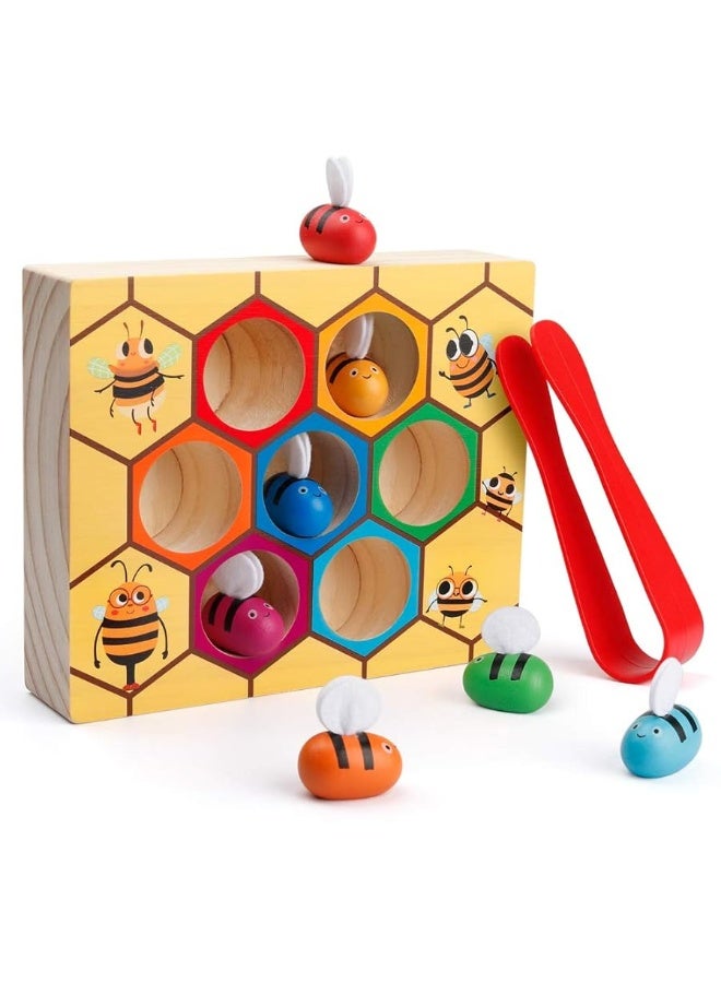 Coogam Toddler Fine Motor Skill Toy Clamp Bee to Hive Matching Game Montessori Wooden Color Sorting Puzzle Early Learning Preschool Educational Gift Toy for 3 4 5 Years Old Kids