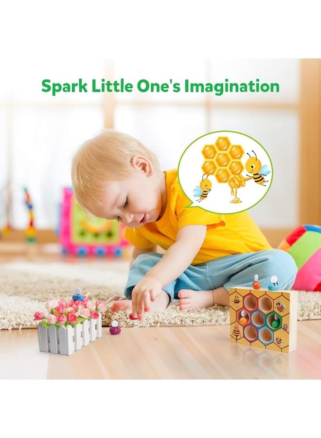 Coogam Toddler Fine Motor Skill Toy Clamp Bee to Hive Matching Game Montessori Wooden Color Sorting Puzzle Early Learning Preschool Educational Gift Toy for 3 4 5 Years Old Kids
