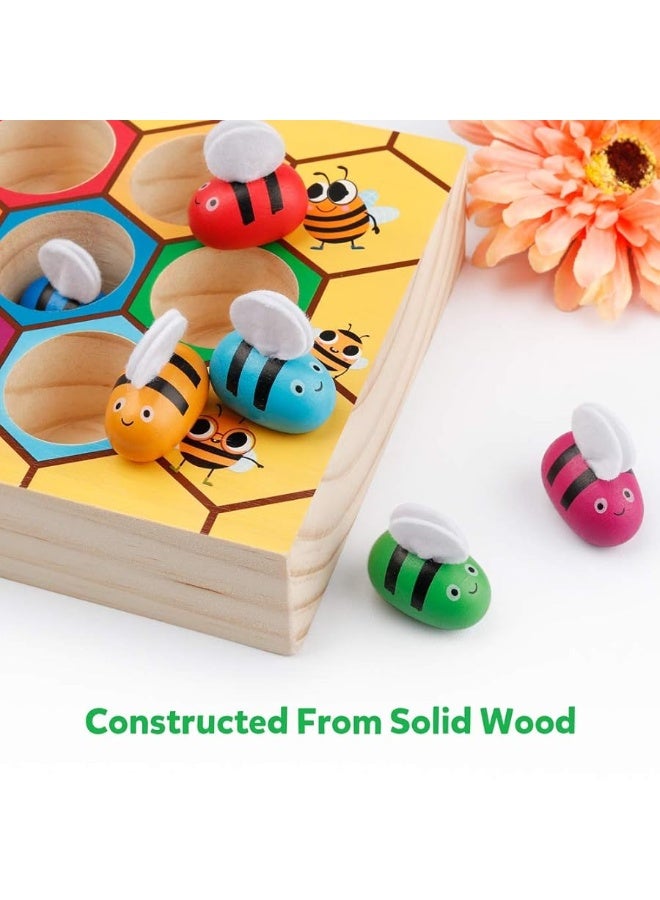 Coogam Toddler Fine Motor Skill Toy Clamp Bee to Hive Matching Game Montessori Wooden Color Sorting Puzzle Early Learning Preschool Educational Gift Toy for 3 4 5 Years Old Kids