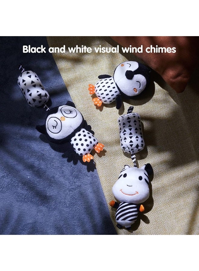 TUMAMA Black and White Baby Toys for 3 6 9 12 Months,Plush Hanging Rattles,Newborn Stroller Toys for Boys and Girls,4 Pack