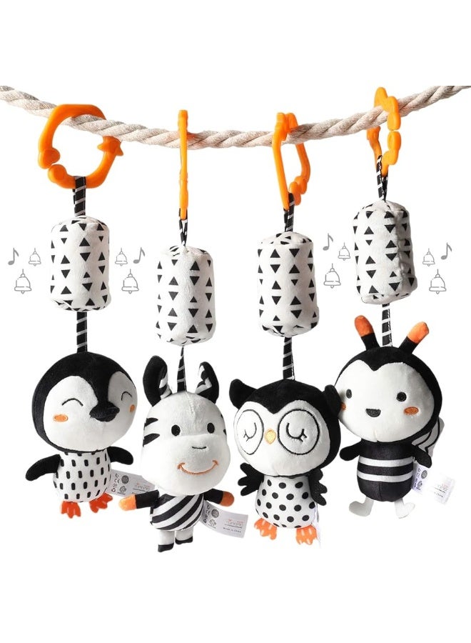 TUMAMA Black and White Baby Toys for 3 6 9 12 Months,Plush Hanging Rattles,Newborn Stroller Toys for Boys and Girls,4 Pack