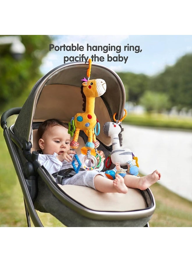 TUMAMA Baby Hanging Toys, 16 inch Plush Animals Baby Rattle Crinkle Squeaky Toys Car Seat Stroller Toys, Baby Toys for 0 3 6 9 12 Months, Sensory Learning Toys Gift for Newborn Infant, 2 Pack