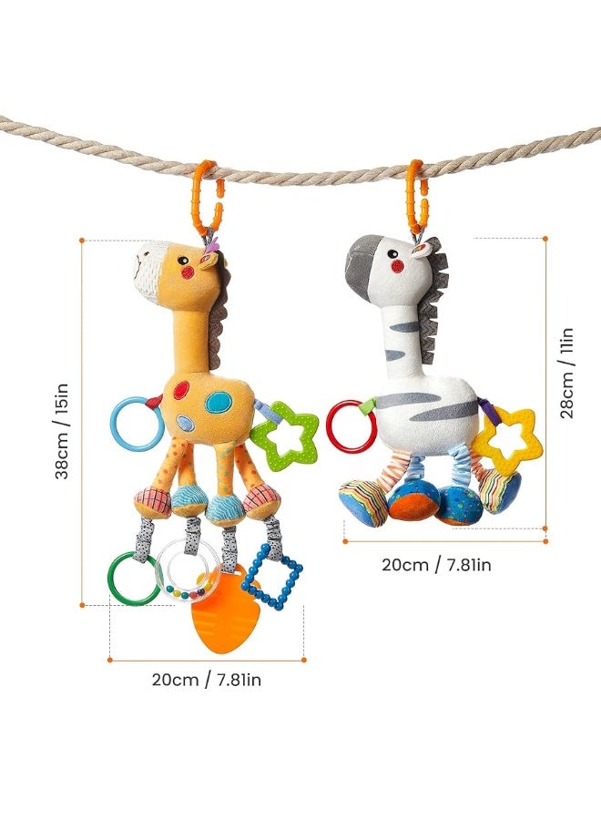 TUMAMA Baby Hanging Toys, 16 inch Plush Animals Baby Rattle Crinkle Squeaky Toys Car Seat Stroller Toys, Baby Toys for 0 3 6 9 12 Months, Sensory Learning Toys Gift for Newborn Infant, 2 Pack