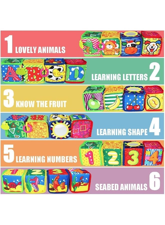 teytoy Soft Baby Blocks, Baby Toys 6 to 12 Months, Montessori Toys for Babies 6-12 Months, Cute & Durable Infant Newborn Fabric Blocks with Numbers Alphabets Animals Mirror and Bells