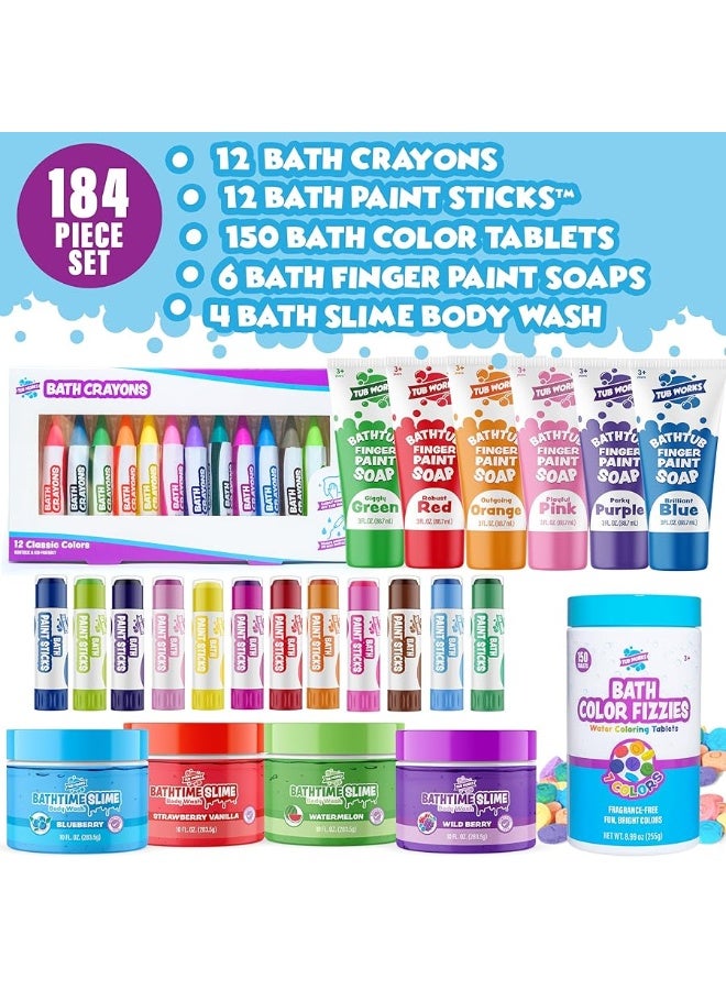 Tub WorksÂ® Kids Bath Toy Set | Nontoxic | Fizzy Bath Color Tablets (150 Count), Smoothâ„¢ Bath Crayons (12 Pack), Bath Paint Soap (6 Pack), Bath Paint Sticksâ„¢ (12 Pack) & Bath Slime Body Wash (4 Pack)