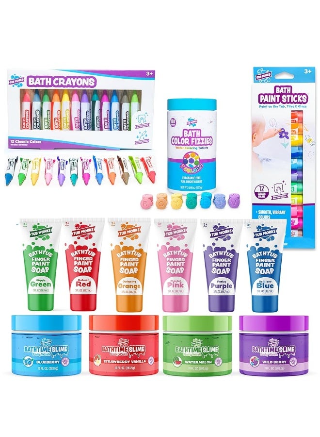 Tub WorksÂ® Kids Bath Toy Set | Nontoxic | Fizzy Bath Color Tablets (150 Count), Smoothâ„¢ Bath Crayons (12 Pack), Bath Paint Soap (6 Pack), Bath Paint Sticksâ„¢ (12 Pack) & Bath Slime Body Wash (4 Pack)