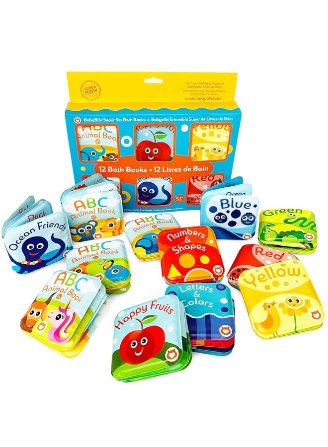 Super Bath Book Set of 12 (Fruits, Ocean Friends, ABC, Numbers Books; Color Recognition Bath Books Including Yellow, Green, Red and Blue Color Topics, ABC Animal Bath Books.