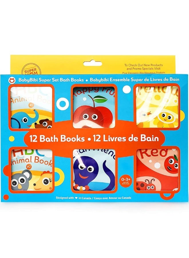 Super Bath Book Set of 12 (Fruits, Ocean Friends, ABC, Numbers Books; Color Recognition Bath Books Including Yellow, Green, Red and Blue Color Topics, ABC Animal Bath Books.