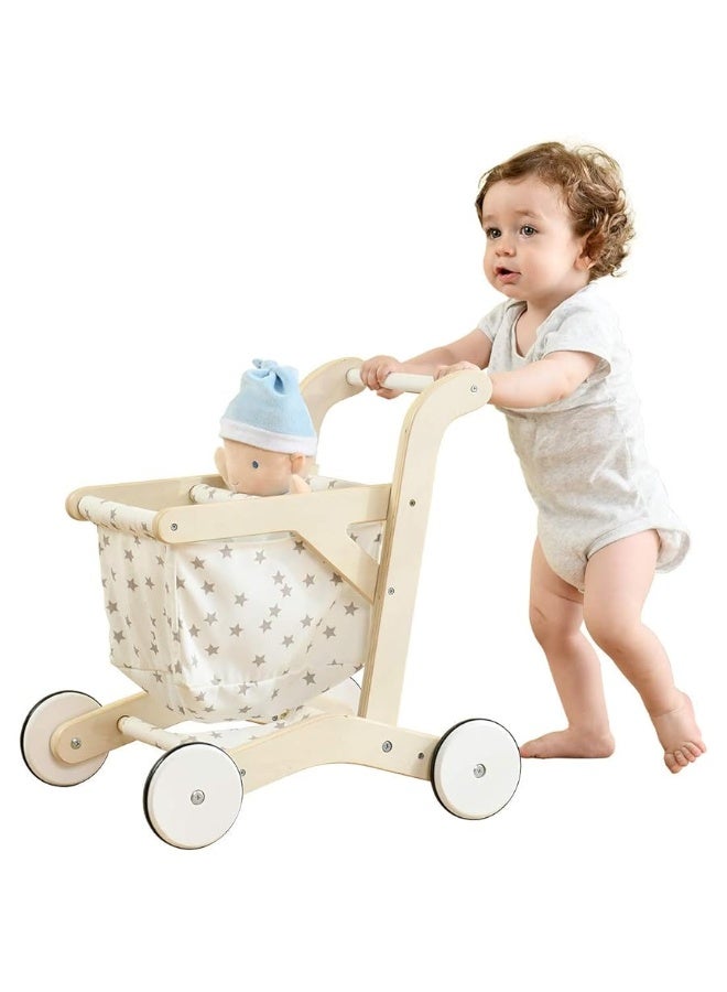 labebe Baby Push Walker Doll Stroller, Push Toy for Toddler, Shopping Cart for Girls and Boys 1 Years Old, Kids Stand Learning Walker, Wooden Play Wagon with Wheel, Larger Size 15.2 * 18.7 * 19.7