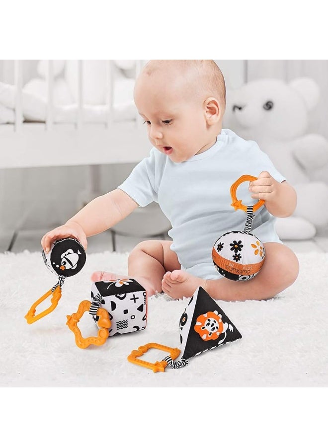 TUMAMA High Contrast Shapes Sets Baby Toys, Black and White Stroller Toy for Car Seat Baby Plush Rattles Rings Hanging Toy for 0 3 6 9 to 12 Months, Newborn,Toddlers,Infants (4 Packs)