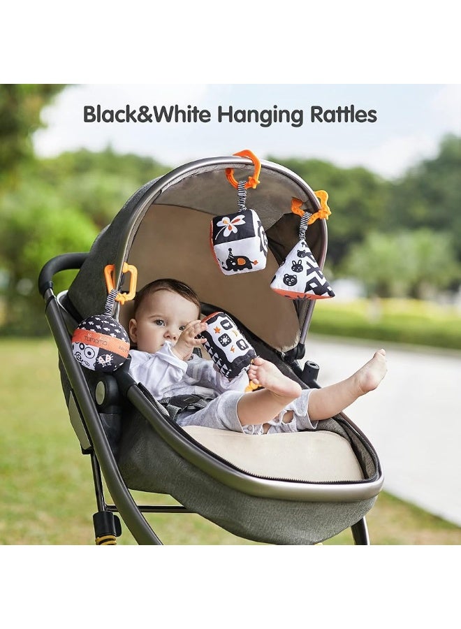 TUMAMA High Contrast Shapes Sets Baby Toys, Black and White Stroller Toy for Car Seat Baby Plush Rattles Rings Hanging Toy for 0 3 6 9 to 12 Months, Newborn,Toddlers,Infants (4 Packs)