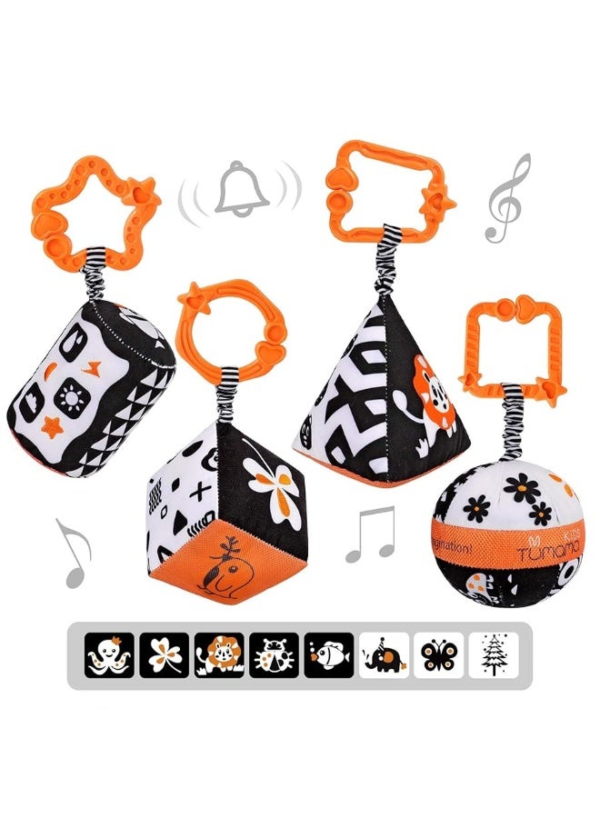 TUMAMA High Contrast Shapes Sets Baby Toys, Black and White Stroller Toy for Car Seat Baby Plush Rattles Rings Hanging Toy for 0 3 6 9 to 12 Months, Newborn,Toddlers,Infants (4 Packs)