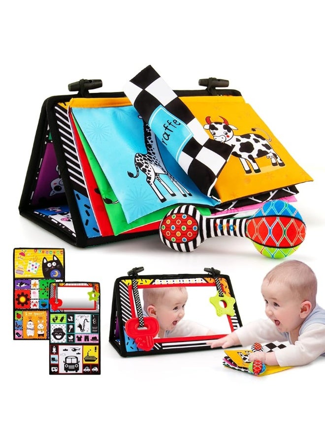 3-in-1 Tummy Time Mirror Toys with Soft Crinkle 3D Activity Book,Teethers, Rattle,High Contrast Black and White Montessori Baby Crawling Toys Developmental Newborn Infant Sensory Toys Gift 0-12 Months