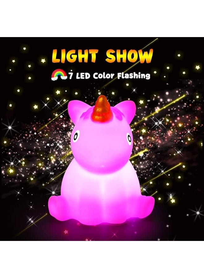 Bath Toys for Toddlers 1-3, No Hole Cute Light Up Bathtub Toys Floating Rubber Sea Animal Set with Flashing Colorful LED Light Unicorn Mermaid for Bathroom Shower Swimming Pool Party for Baby Girl Boy