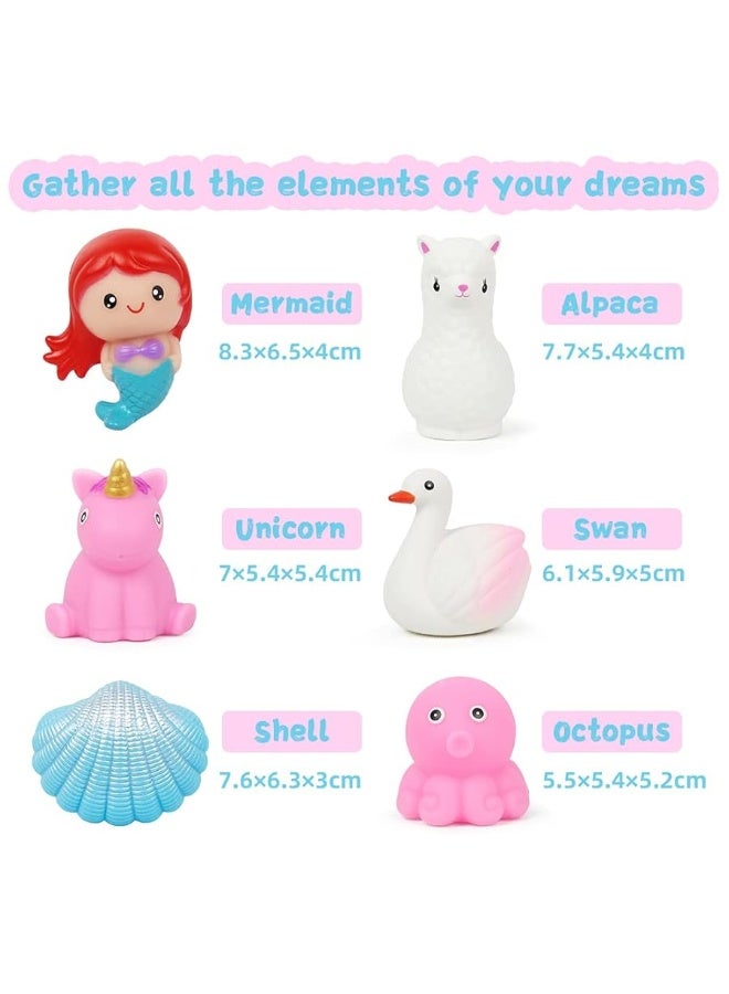 Bath Toys for Toddlers 1-3, No Hole Cute Light Up Bathtub Toys Floating Rubber Sea Animal Set with Flashing Colorful LED Light Unicorn Mermaid for Bathroom Shower Swimming Pool Party for Baby Girl Boy