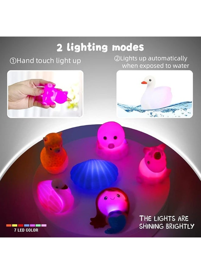 Bath Toys for Toddlers 1-3, No Hole Cute Light Up Bathtub Toys Floating Rubber Sea Animal Set with Flashing Colorful LED Light Unicorn Mermaid for Bathroom Shower Swimming Pool Party for Baby Girl Boy