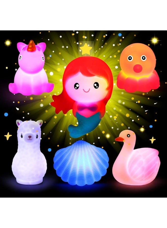 Bath Toys for Toddlers 1-3, No Hole Cute Light Up Bathtub Toys Floating Rubber Sea Animal Set with Flashing Colorful LED Light Unicorn Mermaid for Bathroom Shower Swimming Pool Party for Baby Girl Boy