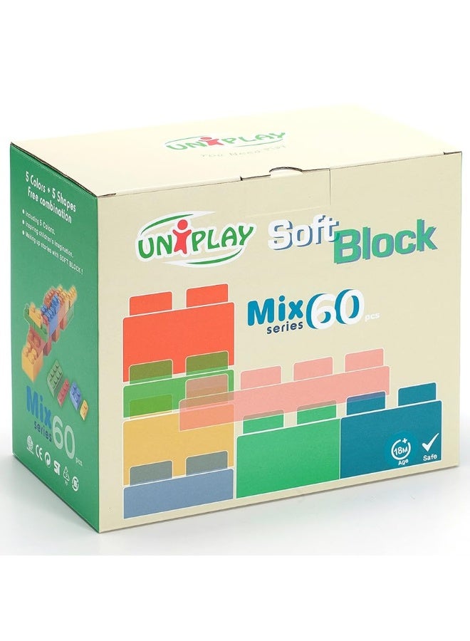 UNiPLAY Mix Soft Building Blocks - 60-Piece Set for Infant Early Learning, Cognitive Development, and Toddler Creative Play - Ages 3 Months+