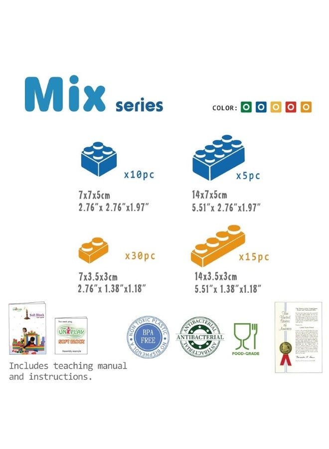 UNiPLAY Mix Soft Building Blocks - 60-Piece Set for Infant Early Learning, Cognitive Development, and Toddler Creative Play - Ages 3 Months+