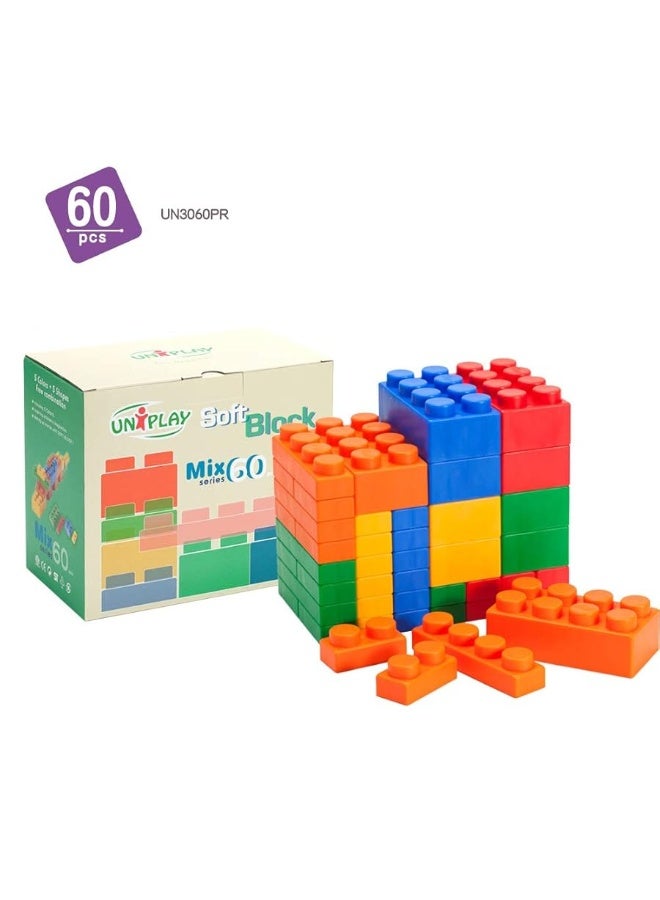 UNiPLAY Mix Soft Building Blocks - 60-Piece Set for Infant Early Learning, Cognitive Development, and Toddler Creative Play - Ages 3 Months+