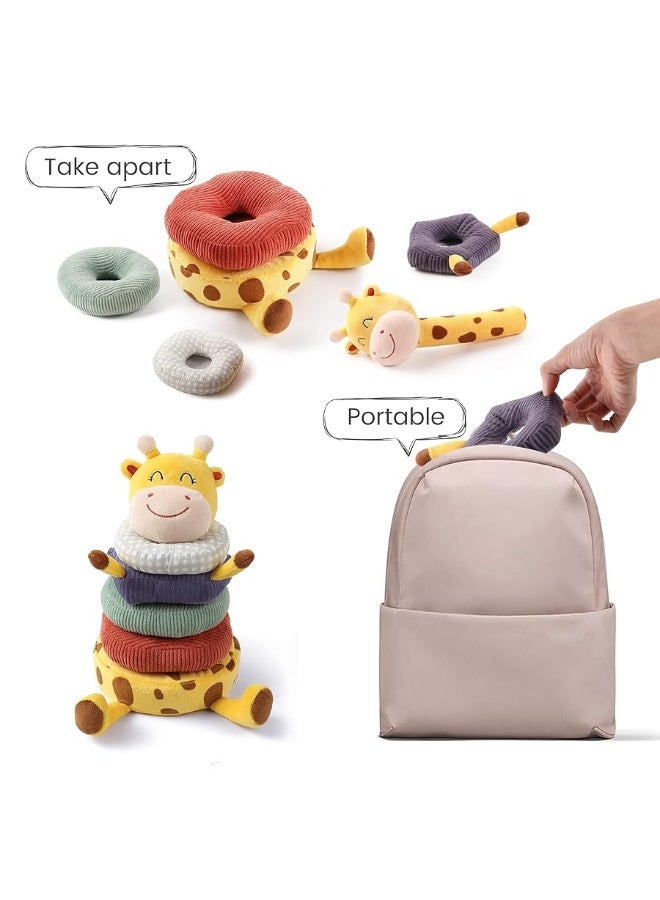 TUMAMA Plush Stacking Rattles Baby Toy Giraffe Stacks of Circles STEM Montessori Toy Baby Shower Deer Woodland Stuffed Animals Gift for 3 6 9 12 18 Months 1 Year Olds Infant Toddler Boy Girl