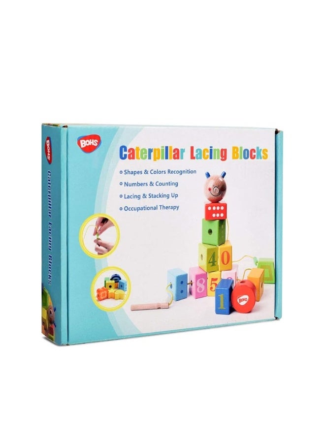 BOHS Caterpillar Lacing Blocks - Threading & Stacking - Toddler Learn Counting, Numbers and Shapes- Baby Kids Fine Motor Skills Toys