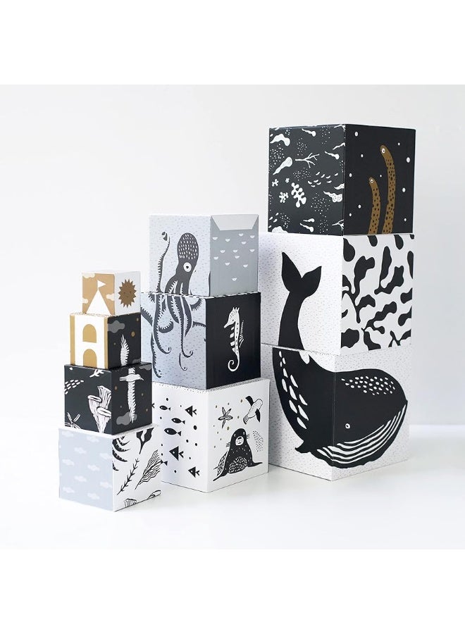 Wee Gallery Nesting Blocks - Ocean Animals and Numbers - Black and White Stacking and Building Toy for Toddlers and Kids - Motor Skills, Creative Play and Problem Solving for Children (Ages 2 and up)