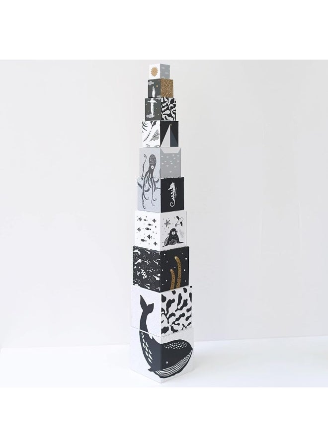 Wee Gallery Nesting Blocks - Ocean Animals and Numbers - Black and White Stacking and Building Toy for Toddlers and Kids - Motor Skills, Creative Play and Problem Solving for Children (Ages 2 and up)