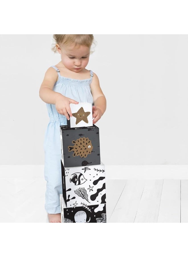 Wee Gallery Nesting Blocks - Ocean Animals and Numbers - Black and White Stacking and Building Toy for Toddlers and Kids - Motor Skills, Creative Play and Problem Solving for Children (Ages 2 and up)