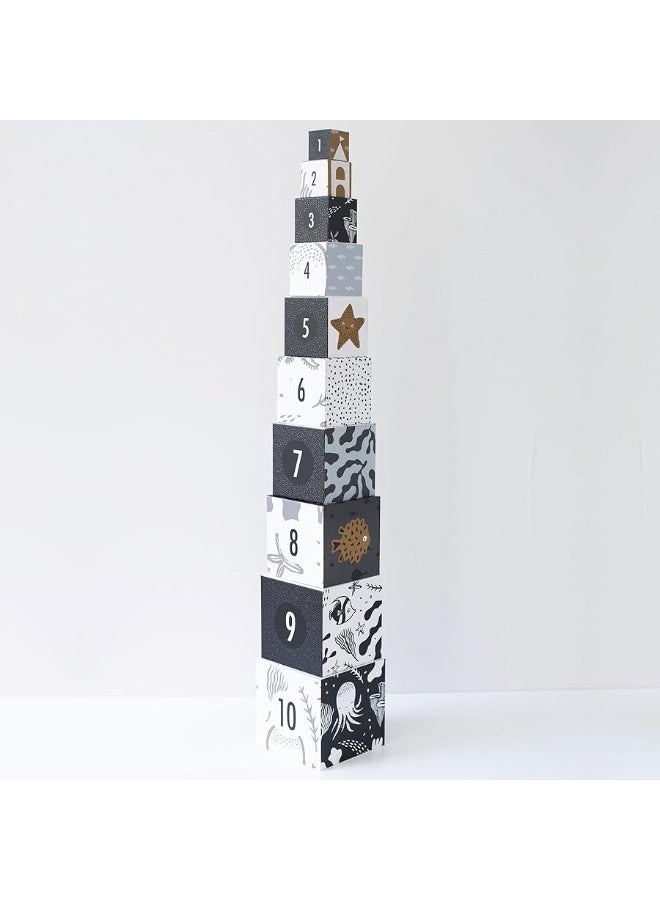 Wee Gallery Nesting Blocks - Ocean Animals and Numbers - Black and White Stacking and Building Toy for Toddlers and Kids - Motor Skills, Creative Play and Problem Solving for Children (Ages 2 and up)