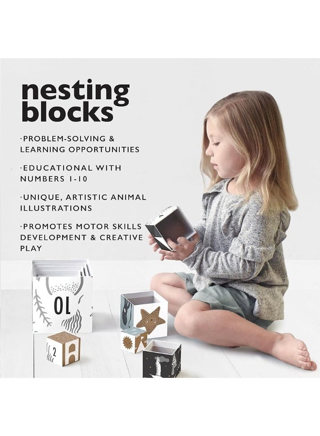 Wee Gallery Nesting Blocks - Ocean Animals and Numbers - Black and White Stacking and Building Toy for Toddlers and Kids - Motor Skills, Creative Play and Problem Solving for Children (Ages 2 and up)