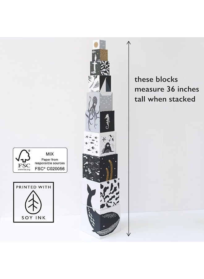 Wee Gallery Nesting Blocks - Ocean Animals and Numbers - Black and White Stacking and Building Toy for Toddlers and Kids - Motor Skills, Creative Play and Problem Solving for Children (Ages 2 and up)