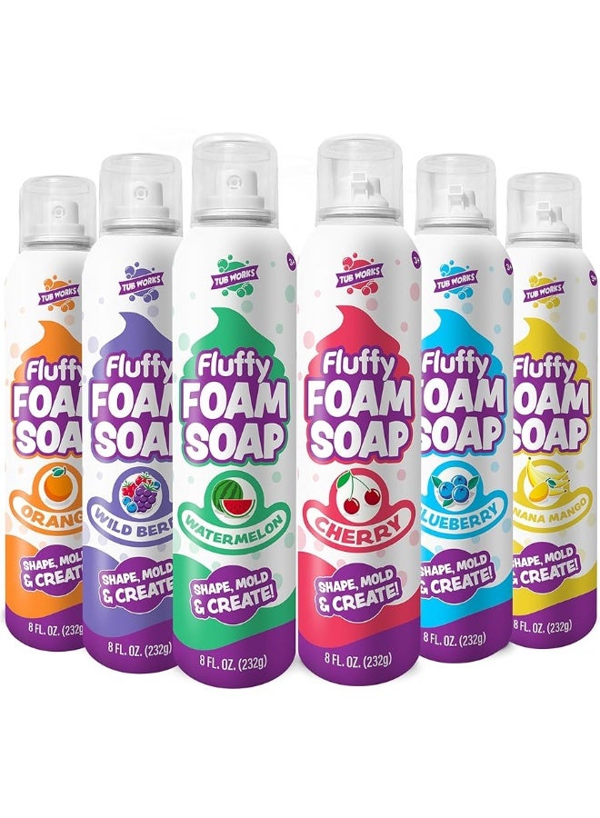 Tub WorksÂ® Fluffy Foam Soap, Variety 6 Pack | Shape, Mold & Create Bath Art with Soft Bath Foam for Kids | Gentle, Cleansing Kids Bath Soap | Easy-to-Use Spray Nozzles | Fruity, Fun Bath Colors