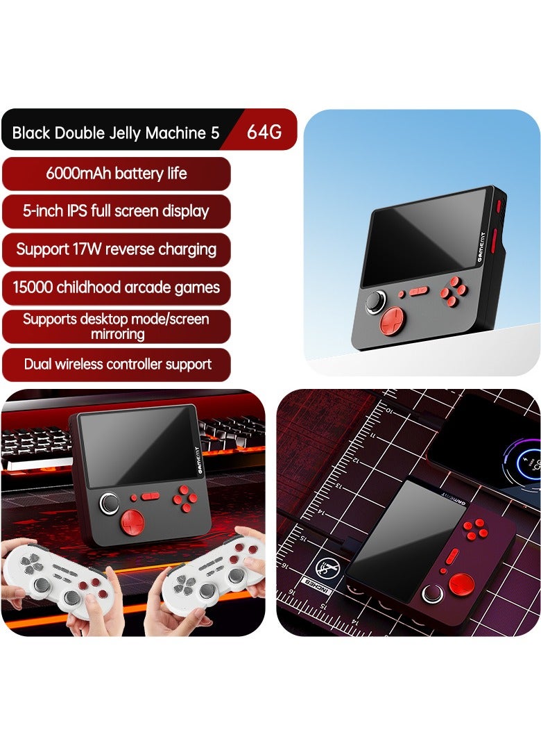 Handheld Game Console 5-inch Full iPS  GAMET5 chip display screen 6000mAh  CONSOLE AND POWER BANK IN ONE(Black 128G with 2 Dual wireless controllers )