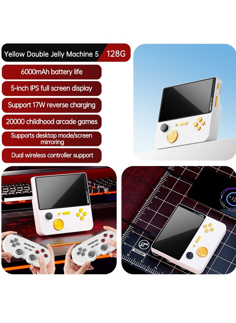 Handheld Game Console 5-inch Full iPS  GAMET5 chip display screen 6000mAh  CONSOLE AND POWER BANK IN ONE(White 128G with 2 Dual wireless controllers )