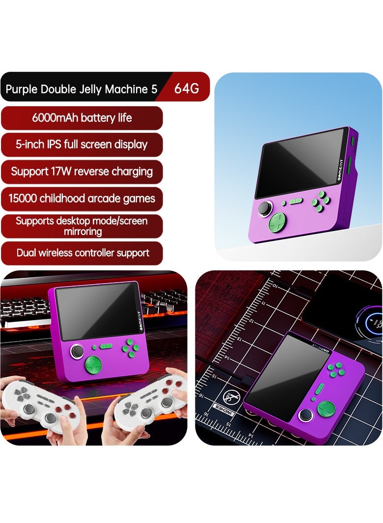 Handheld Game Console 5-inch Full iPS  GAMET5 chip display screen 6000mAh  CONSOLE AND POWER BANK IN ONE(Purple 64G with 2 Dual wireless controllers )